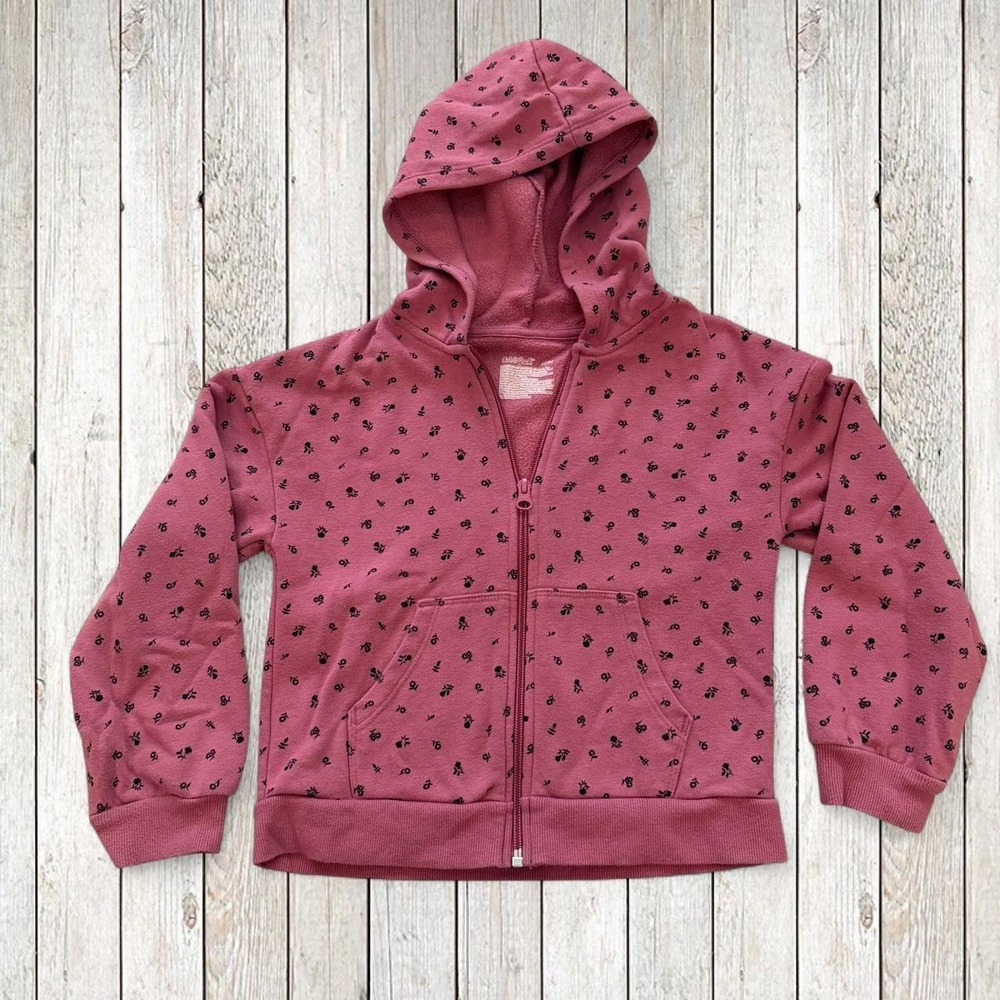 Cat & Jack Girls Hoodie Full Zip Pink Floral Fleece Sweatshirt Size S 6/7